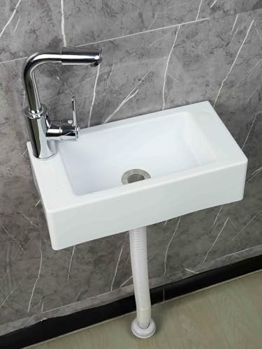 XRB2050 Lavabo Mural en Résine, 40x20x11cm/15.7x7.9x4.3inch Lavabo Rectangulaire à Suspendre au Mur avec Kit de Drainage pour Lavabo pour la Salle de Bain et Les Toilettes E - Robinet Chaud et Froid