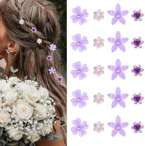 NATOSU 20 Stück Mini-Blumen-Haarspangen - Süße Strass-Haarnadeln, Kleine Dekorative Hochzeits-Haarspangen, Weiße Blumen-Braut-Haar-Accessoires für Mädchen (Lila)