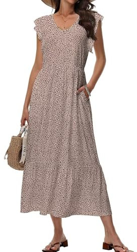 Tanmolo Maxikleid Damen Sommerkleid Lang Strandkleid Mit V-Ausschnitt Im Swing-Stil Mit Blumenmuster Mit Taschen (Kleiner Leopardprint S)