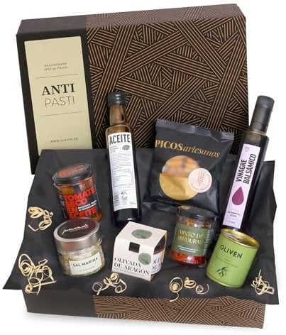 Antipasti | Vegane Delikatessen-Präsentbox | Mediterran Genießen mit Antipasti, nativem Olivenöl Extra, Balsamico & Meersalz | Leckere Geschenkidee von GESCHENKVOLL
