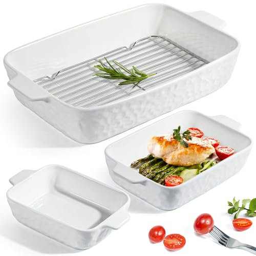 OdoVow Casserole Dishes for Oven, Porcelain Baking Dishes, Ceramic Bakeware Sets of 3, Large Lasagna Pans with Handles, Ceramic Baking Dish Set with Roasting Racks, Non-Slip & Stackable Nesting Set