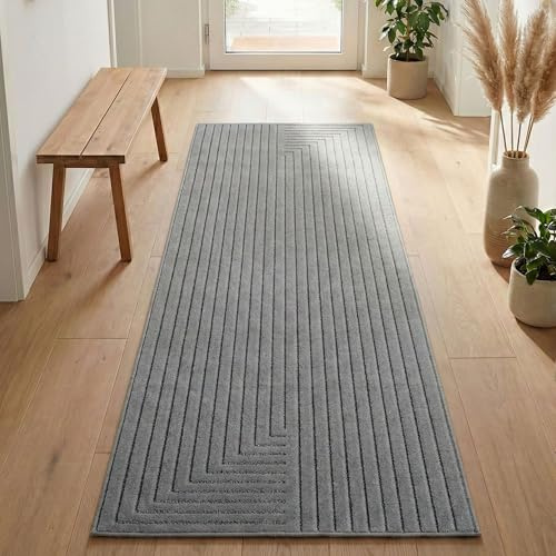 Carpetsale24 Kurzflor Teppich Läufer 80x250 cm Grau Wohnzimmer, Schlafzimmer, 3D Hoch-Tief-Effekt, Skandinavisch Boho Motiv, für Outdoor Bereich geeignet Terrassen oder im Balkon