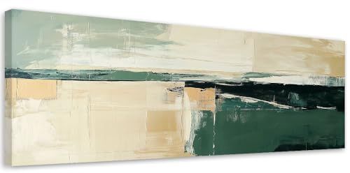 Feeby Bild auf Leinwand - Wandbilder Wohnzimmer Aesthetic - Abstrakter Grün Beige Gold Loft - 150x50 1tlg - Schlafzimmer Wandekoration - Bilder Zimmer - Living Room - Deko Wandbilder - Moderne Bild