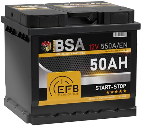 BSA EFB Batterie 50Ah 12V 550A/EN Start Stop Batterie Autobatterie Starterbatterie ersetzt 45Ah 55Ah