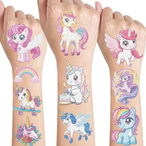 Licorne Tatouage Enfant Fille,10 Feuilles Pailletter Tatouage Ephemere Enfant pour 3 à 10 Ans Faux Tatouage,Cadeau Anniversaire Enfants Invites décoration de fête Petit Cadeau Pinata