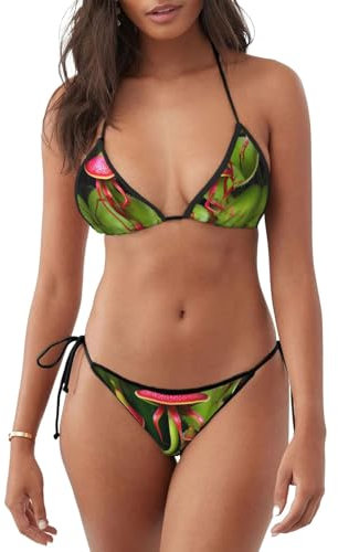 Costume da bagno da donna con stampa di piante carnivore, bikini all'americana, vestibilità comoda e lusinghiera, Nero , XXL