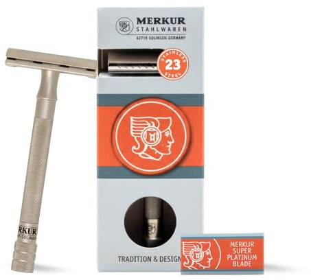 MERKUR Edelstahl Rasierhobel 23 INOX | Seidenmatt | Dreiteiliger Premium Rasierer mit geradem Schnitt | Geschlossener Kamm | Ideal für Nassrasur | Made in Germany