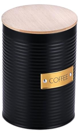Relaxdays coffee storage tin, 1 pack, metal, bamboo lid, HxD: 16 x 11 cm, coffee bean holder, black/natural