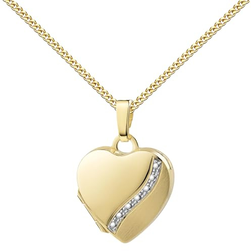 JEVELION Damen-Herz Medaillon 585 bicolor Gold 14 Karat Herz-Amulett für 2 Bilder zum Öffnen. Mit Panzerkette 925 Silber vergoldet - Kettenlänge 40 cm.