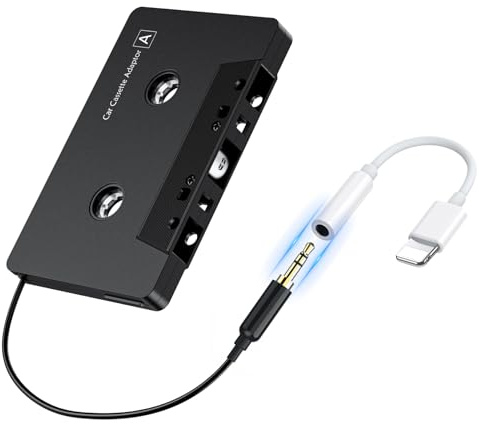 KitGody Car Cassette Adapter with Lightning to 3.5mm Adapter for iPhone, Aux Audio Input for Vintage Car Stereo, Tape Deck Converter for iOS Devices, Smartphones, MP3 - Black (1M Cable Included)