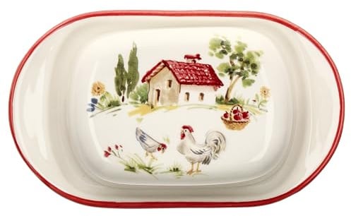 MamboCat Fattoria 2tlg. Butterdose mit Deckel I Keramik-Dose im Bauernhof Design I creme mit rotem Rand für 250-g-Butter I Unterteil & Deckel aus Keramik I Frühstück-Buffet