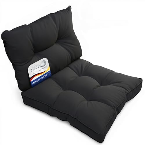 Beautissu 2er Lounge Auflagen Set Sitzkissen und Rückenkissen Outdoor | 50x50cm 50x40cm Anthrazit schmutzabweisend Polsterauflagen für Gartenmoebel Wetterfest Gartenmöbel Kissen Flair Outdoor