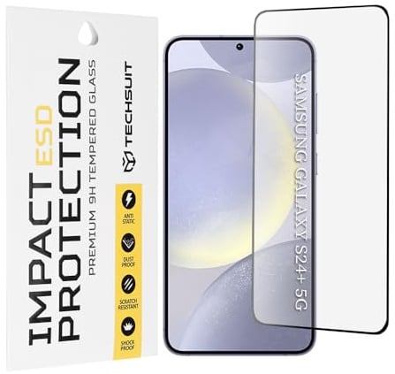 Techsuit Displayschutzfolie für Samsung Galaxy S24 Plus Gehärtetes Glas mit Antistatisch, Staubabweisend, Vollständige Abdeckung, Stoßschutz, Oleophobe Beschichtung, Anti Fingerabdruck, Blasenfrei, ES
