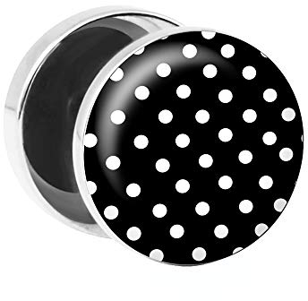 Treuheld® | Ohrstecker zum Schrauben | Polka Dots | Schwarz-Weiß | 1,2 x 10mm | Chirurgenstahl Punkte Fake-Plug | 1,2 x 10mm | Fake-Tunnel Ohr-Ring