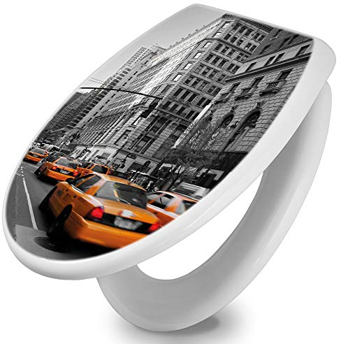 banjado® Toilettendeckel mit Absenkautomatik 44x37cm mit Motiv New York Taxi - WC Brille Soft Close - hygienischer Toilettendeckel/Klodeckel Duroplast mit Edelstahl Scharnieren - einfache Montage