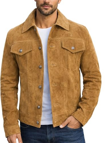 LP-FACON Mens Trucker Brown Suede Western Style Cowboy Leather Jacket XL