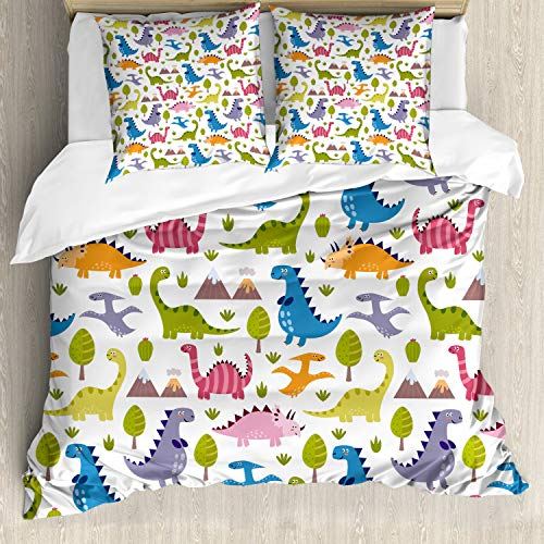 ABAKUHAUS Dino Bettwäsche Set für Doppelbetten, Dinosaurier Bunte, Weicher Microfaserstoff Allegigeignet kein Verblassen, Weiß Grün Blau