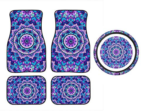 Binienty Autozubehör im Boho-Stil, 5-teiliges Set, lila Mandala, Lotusblumendruck, Auto-Fußmatten für vorne und hinten + Lenkradbezug