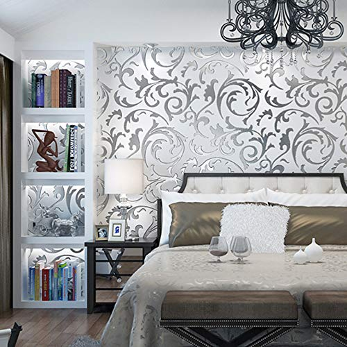 Moderne, minimalistische Vlies-Tapete, 3D, europäischer Stil, Ranke, Blätter, Schlafzimmer, Wohnzimmer, TV-Hintergrund, Wand-Dekoration, Restaurant, Hotel,1.73'W x 32.8'L Nicht Geklebt(Silbergrau)