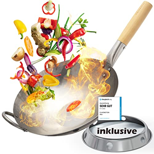 Flavemotion Wok Pfanne 30cm inkl. Wokring - Geeignet als Wokpfanne Induktion sowie für den Grill und Gasherd - Wok Pfanne aus robusten Karbonstahl - Woks & Wokpfannen, Wok Gasbrenner, Wok Induktion