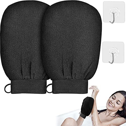 Peelinghandschuh Körper - 2 Stück Dewy Hours Exfoliating Glove - Massagehandschuhe - Hamam Peeling Handschuh für Körper und Gesicht - Duschschwamm für Peeling & Body Scrub - Schwarz