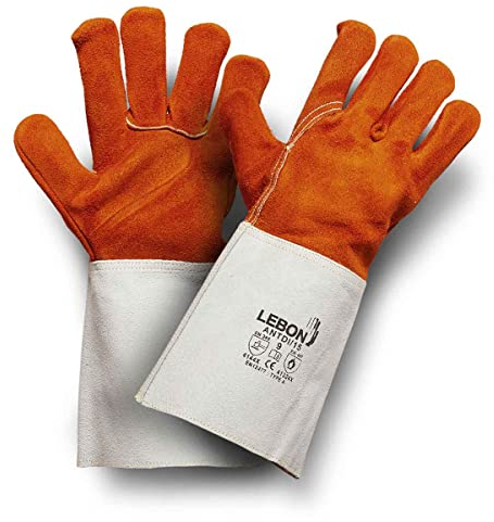 LEBON ANTDI/15 Lederhandschuhe, hitze- und feuerbeständig, multifunktional (Schweißen, Kamin, Grill..), komplett gefüttert, 1 Paar (Einheitsgröße), Orange und Grau, 1 Paar (1 Stück)