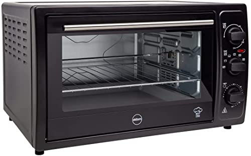 eldom PR300 Rast Elektrobackofen | inklusive Backblech, Rost & Drehspieß | Back- und Toastofen mit Umluftfunktion | kleiner Mini Backofen für Brötchen, Pizza, Grillen & Kuchen | 1500W, 28L, schwarz