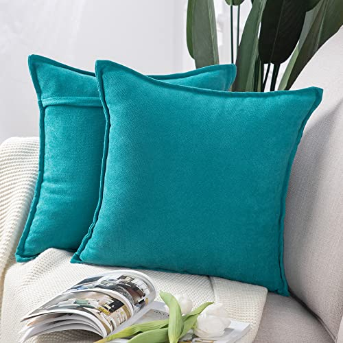 Madizz 2er Set kurzen Chenille Zierkissenbezüge weicher dekorativer Kissenbezug für Sofa, Schlafzimmer Kissenhülle Blaugrün 45x45 cm Quadrat