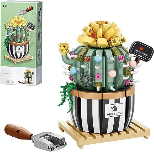 Pasyru Kaktus Bausteine Bausatz, Bonsai Bauchiger Kaktus Baustein, 721 Teile Mini Bausatz, Kreatives Künstliche Blumen Bauset, Geschenk für Kinder und Erwachsene (1246)