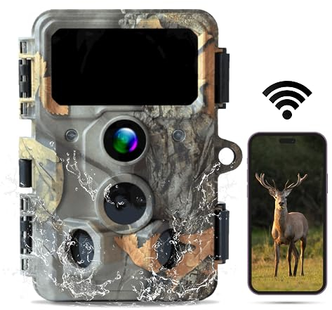 WACHMAN 4K Dual Wildkamera mit Bewegungsmelder Nachtsicht 30fps, Jagdkamera mit verbesserter Dual-Sensorik, Wildtierkamera mit 2 Hochleistungs-IR-LEDs Optik, Reichweite 20m, Bluetooth - IP67