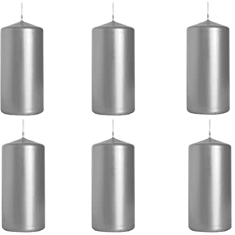 Nipter Stumpenkerzen Silber Metallic Säulenkerzen Blockkerzen, Durchmesser 5 cm, Höhe 10 cm, geruchsneutral, lange Brenndauer 20h, Set 6 Stück (1 Box)
