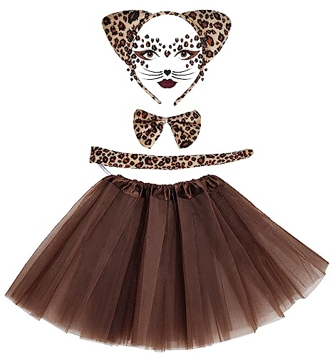 baotongle Leopard Kostüm Set Tier Leopard Stirnband Fliege Tutu Rock Leopard Gesicht Kunst Aufkleber Leopard Ohren Stirnband für Kostüm Party Dekoration Zubehör, Einheitsgröße, Brown