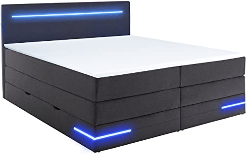 wonello Boxspringbett 180x200 mit Bettkasten und LED-Beleuchtung - gemütliches Bett mit LED Beleuchtung - Stauraumbett 180 x 200 cm mit Matratze und Topper - anthrazit Stoff