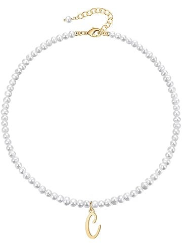 TINGN Gold Perlen Kette mit Buchstaben, 14K Vergoldet Perlen Kette Halskette Choker Kette für Frauen Freundin Halskette Anhänger Initialen Halskette Damen Schmuck Geschenke Verstellbar (C)
