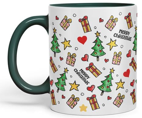 Vixar Christmas, Xmas Designs Tree Presents Coloured Ceramic Mug Cup Gift 330ml 11oz Work Office Tea Coffee Gift (D Green)