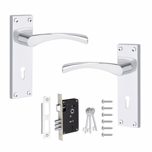 Golden Grace Victorian Scroll Astrid Door Handles Lever Lock in Silver Polished Chrome with 64mm 3 Lever Lock Set - 150mm x 40mm Backplate