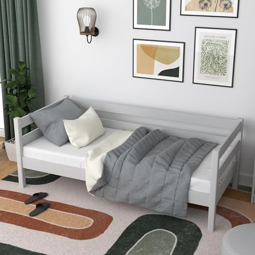 N-wood N01 Massivholzbett 90x190 cm, Sofabett, Bettgestel mit lattenrost, Bett für Kinder, Jugendliche und Erwachsene, sichere abgerundete Kanten, Hochwertige und umweltfreundliche Lacke, Grau