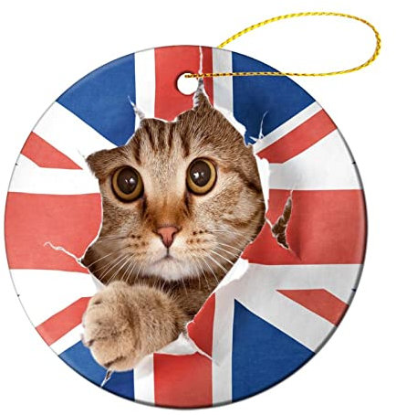 Christmas Baubles Pussycat Tearing Up The Union Jack Flag Xmas Tree Ornament Hanging Ceramics Ornaments Ceramics Christmas Tree Decorations For Decor Home Xmas Holiday 7.3Cm