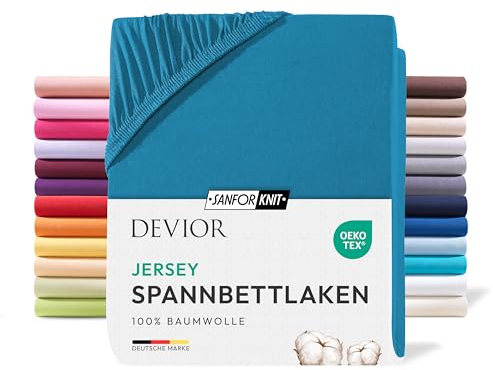 Devior Jersey Spannbettlaken 180x200cm - 200x200cm für Boxspringbetten bis 32cm, 100% Baumwolle, Petrol – 135 g/m² Anti-Statisches, atmungsaktives Bettlaken mit Einlaufschutz, Matratzenbezug Blau