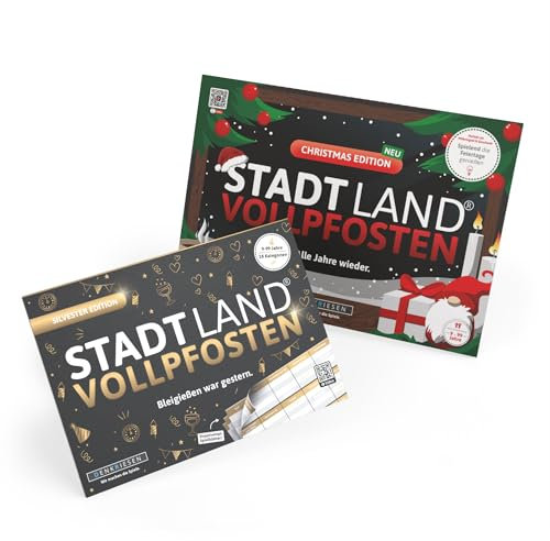 DENKRIESEN - Spar-Set Eve - Stadt Land VOLLPFOSTEN® Silvester Edition A5 + Christmas Edition A4-Block | Partyspiel | Weihnachtsspiel | Familienspiel | ab 2 Personen