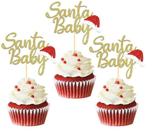 24 Stück Glitzer Santa Baby Cupcake Toppers, erstes Jahr Weihnachten Tortendeko für Weihnachten Baby Dusche, Babyshower, Geburtstagsparty Deko (Santa Baby)
