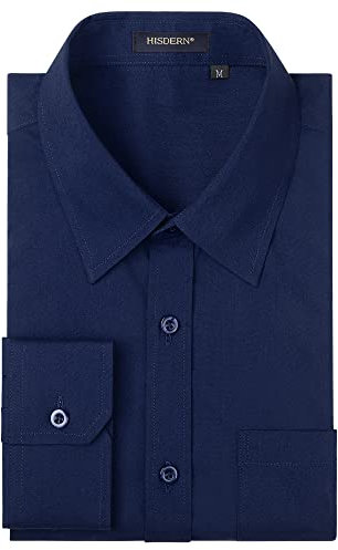 HISDERN Men's Navy Blue Formal Dress Shirt - Long Sleeve, Casual Regular Fit - 3XL