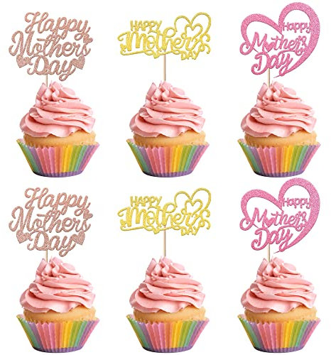 SYKYCTCY 24 Pack Happy Mother's Day Cupcake Toppers Glitter Heart Love You Mom Cupcake Picks Number 1 Mom Cupcake Decorations for Mother's Day Party Cake Decorations Colorful
