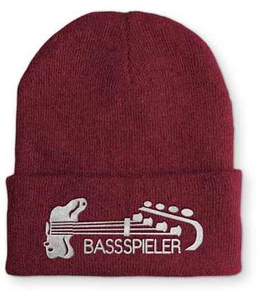 tshirtladen Spruchmütze Strickmütze Bassspieler Musiker Wintermütze Mütze lustige Beanie mit Stick, Farbe: Bordeaux