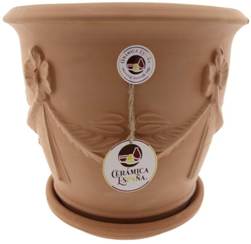 CERÁMICA ESPAÑA | Macetas de Barro Rojo | Macetas Decorativas | Macetas de cerámica | Macetas Exterior | Maceta Interior | Maceta Terracota - Modelo J05 | 28x28x25 cm | Plato Incluido