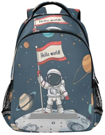 Mnsruu Hello World Astronauten-Rucksack mit Sonnensystem, Schulrucksack, Laptoptasche, Tagesrucksack, Büchertasche für Teenager, Mädchen, Jungen, mehrfarbig, L