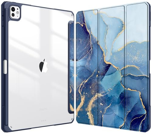 FINTIE Custodia per iPad Pro 13 Pollici (M5 2025 / M4 2024) con Portapenna - Sottile Leggero Trasparente Cover Posteriore con Bordo in TPU Morbido, Ocean Marble