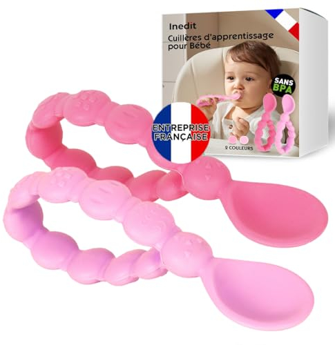 Cucchiaio da bambino 1 ° età (2 pezzi rosa) – Cucchiaio da bambino in silicone – cucchiaio curvo morbido per i pasti del bambino di età superiore a 1 mese – Qualite garantita