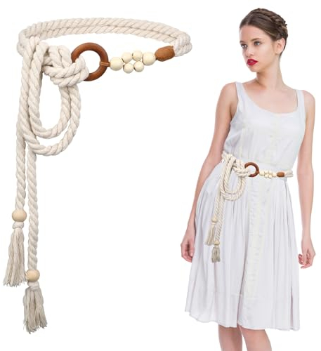 Ceintures tissées pour femmes, ceinture tressée avec perles pour femmes, ceinture bohème en corde fine, ceinture de cowgirl fine avec pompons, chaîne en tissu blanc, ceinture à nouer pour femmes,