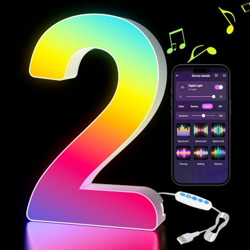 Kangtaixin LED Number Lights RGB Color Changing, Light Up Marquee 0-9 Digits Lights Sign with USB Power Supply, APP Control, Dimmable, Decoration for Birthday Party Gifts Christmas Wedding - Digit 2